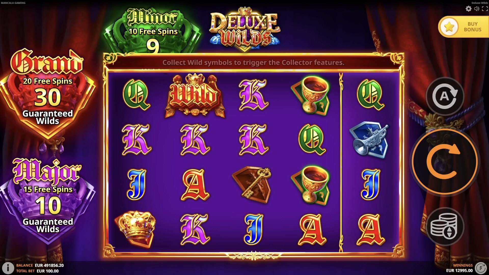 Deluxe Wilds base game showing the 5x4 reels and green, purple and red collector panels