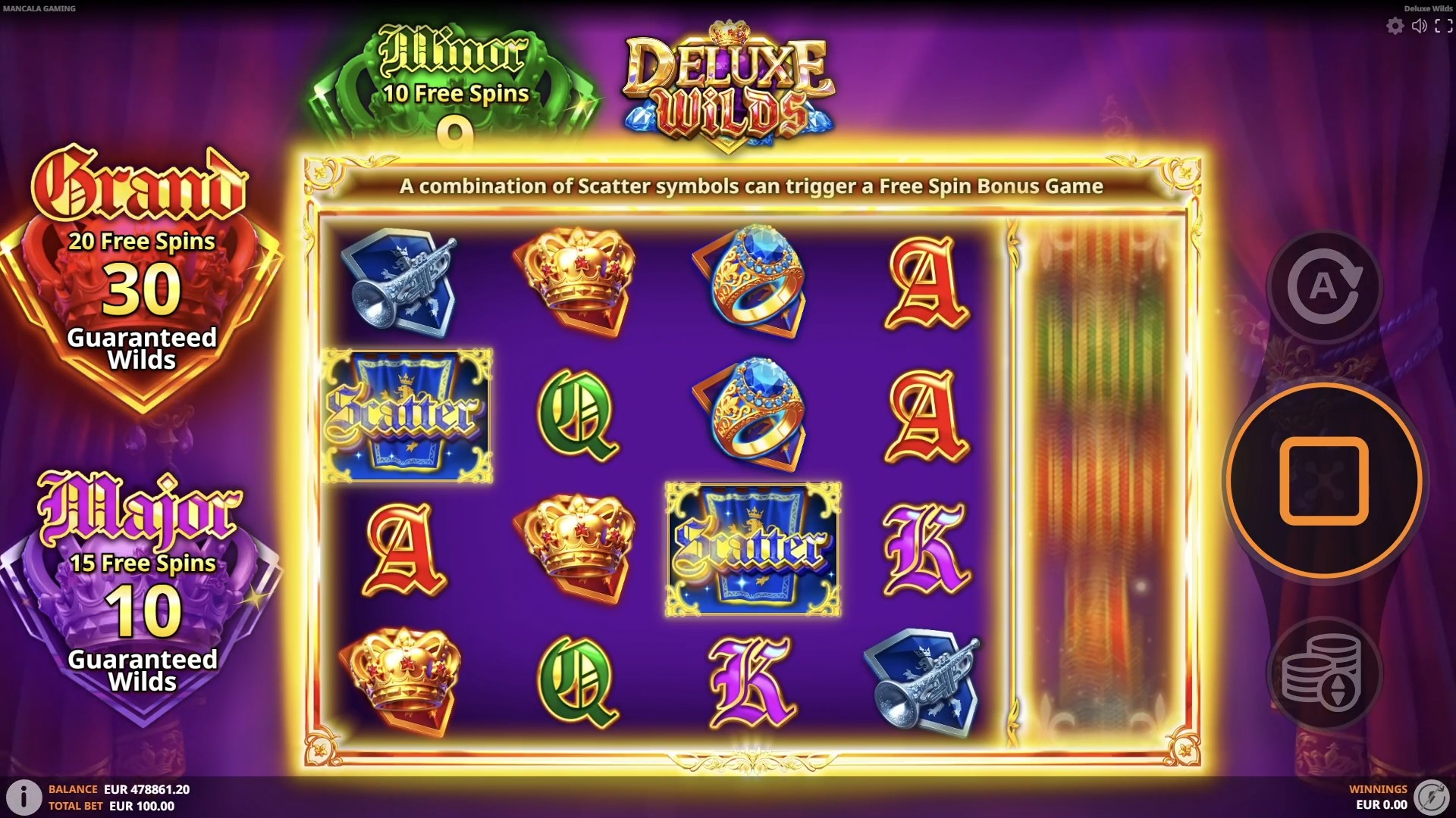 Deluxe Wilds reels showing two Scatter symbols during a Free Spins trigger sequence