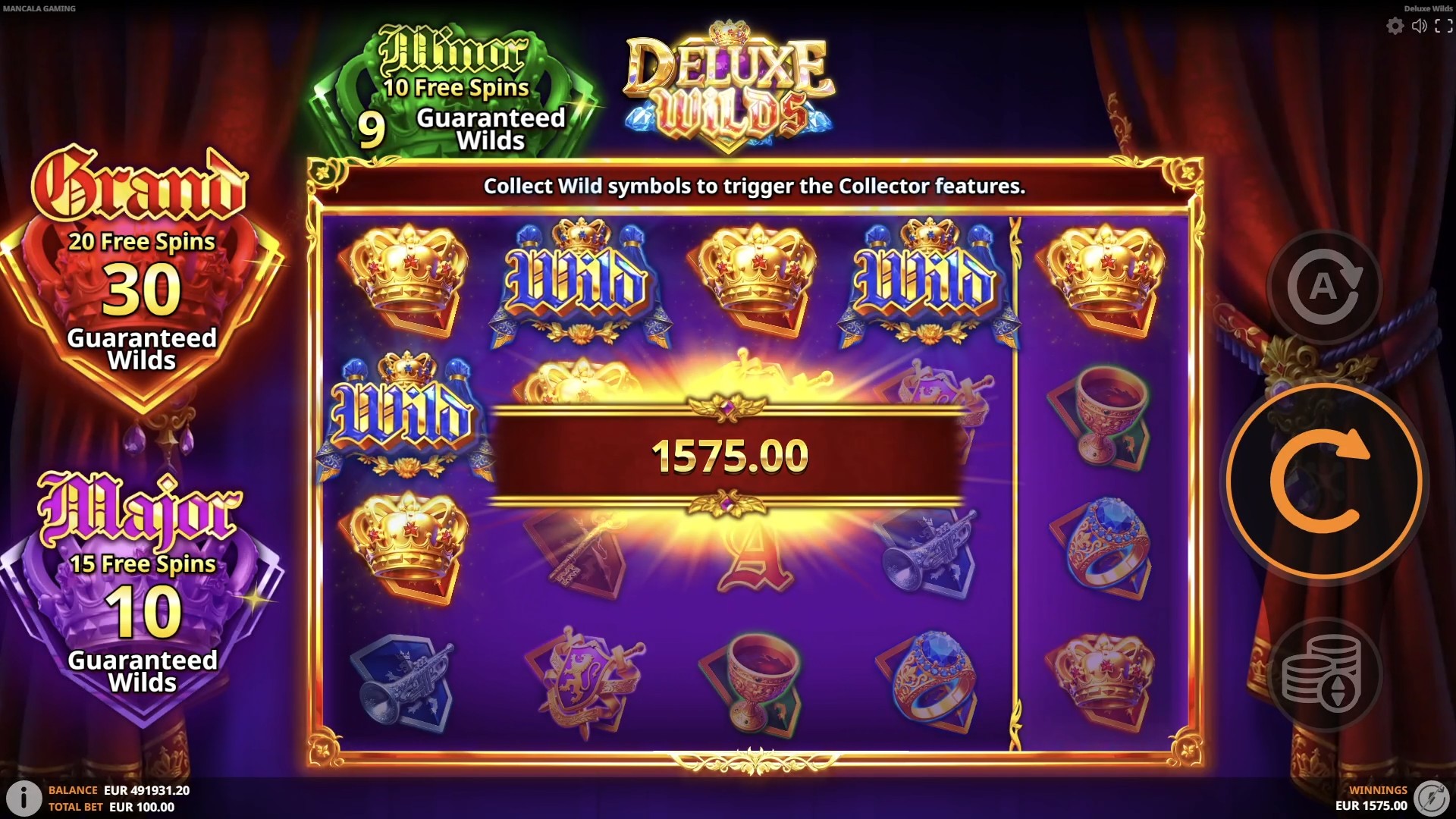 Deluxe Wilds win screen with the three collector meters visible around the reels